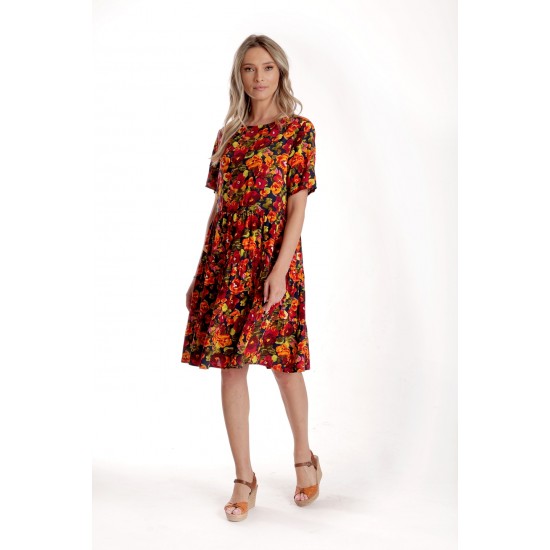 Rochie cu Volane Dama V279, Rosu cu imprimeu multicolor