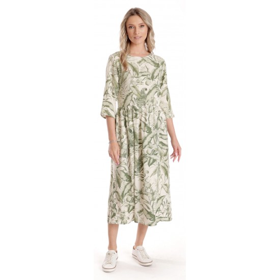 Rochie Lunga Dama V271, crem cu imprimeu floral verde