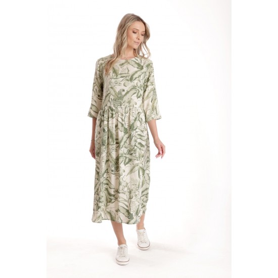 Rochie Lunga Dama V271, crem cu imprimeu floral verde