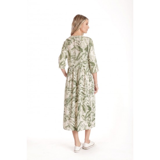 Rochie Lunga Dama V271, crem cu imprimeu floral verde