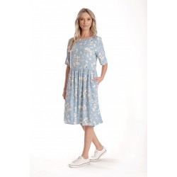 Rochie Medie Dama V272, Bleu cu flori albe