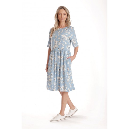 Rochie Medie Dama V272, Bleu cu flori albe