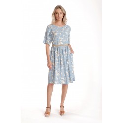 Rochie Medie Dama V272, Bleu cu flori albe