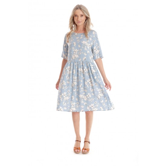 Rochie Medie Dama V272, Bleu cu flori albe