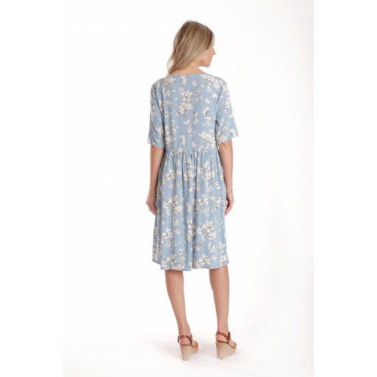 Rochie Medie Dama V272, Bleu cu flori albe