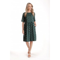 Rochie Medie Dama V273, Verde inchis cu buline albe