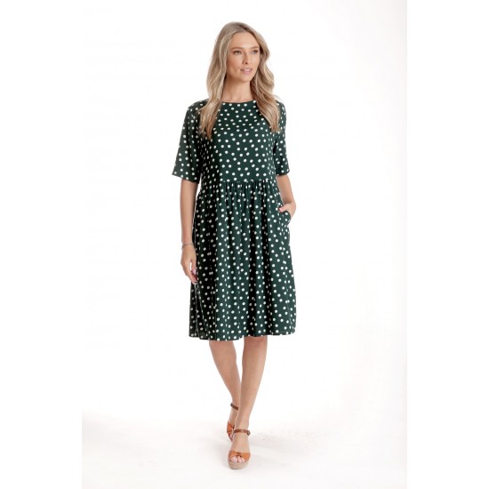 Rochie Medie Dama V273, Verde inchis cu buline albe