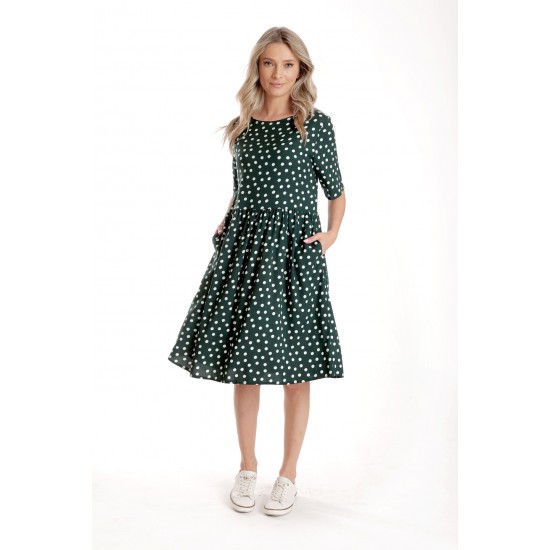 Rochie Medie Dama V273, Verde inchis cu buline albe