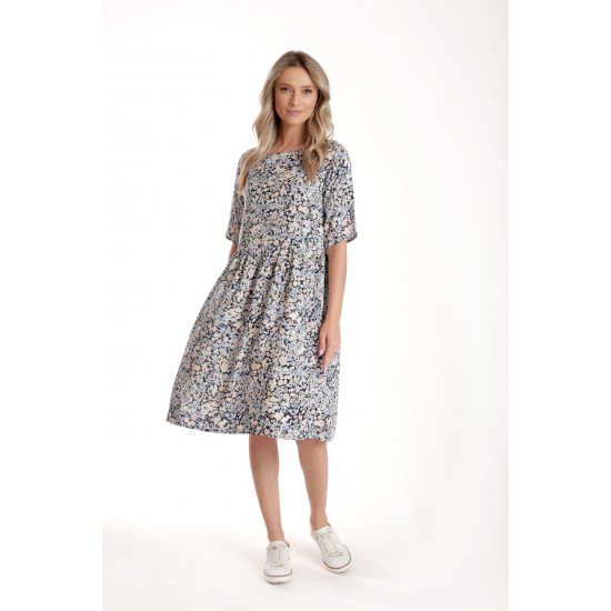 Rochie Medie Dama V274, Imprimeu MicroFloral Bleu