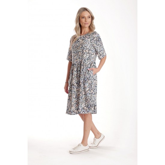 Rochie Medie Dama V274, Imprimeu MicroFloral Bleu