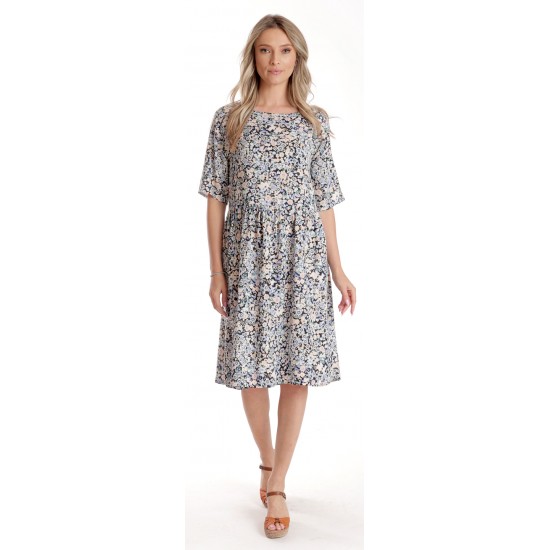 Rochie Medie Dama V274, Imprimeu MicroFloral Bleu
