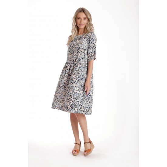 Rochie Medie Dama V274, Imprimeu MicroFloral Bleu