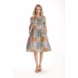 Rochie Medie Dama V275, Imprimeu Combinat Crem, Mustar si Verde
