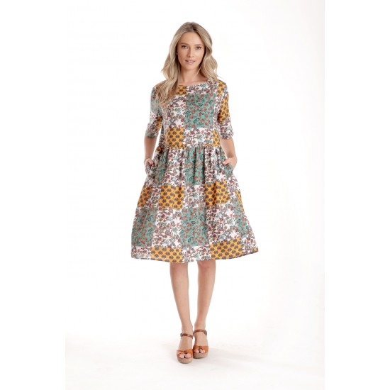 Rochie Medie Dama V275, Imprimeu Combinat Crem, Mustar si Verde
