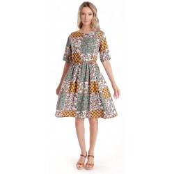 Rochie Medie Dama V275, Imprimeu Combinat Crem, Mustar si Verde