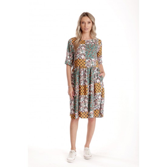 Rochie Medie Dama V275, Imprimeu Combinat Crem, Mustar si Verde