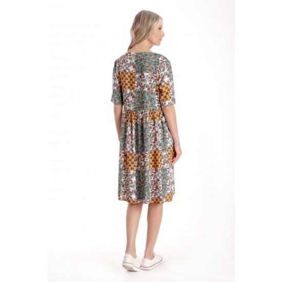 Rochie Medie Dama V275, Imprimeu Combinat Crem, Mustar si Verde