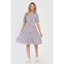 Rochie Medie Dama V283, cu Imprimeu MicroFloral Roz