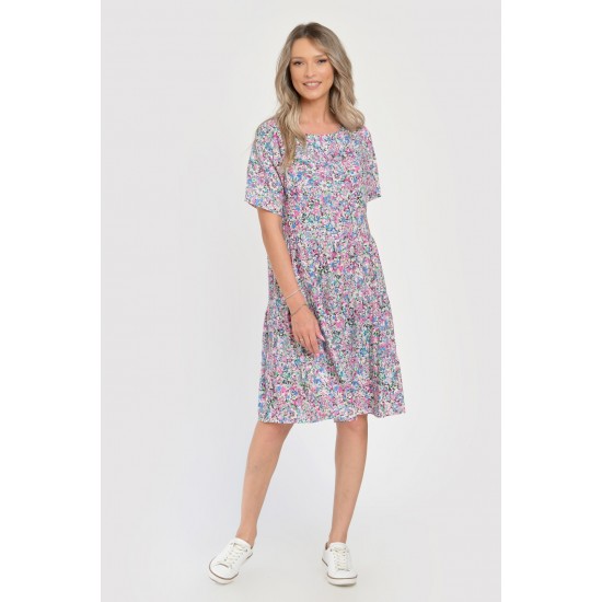 Rochie Medie Dama V283, cu Imprimeu MicroFloral Roz