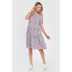 Rochie Medie Dama V283, cu Imprimeu MicroFloral Roz