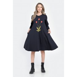 Rochie Medie Dama, Ampla, Bleumarin cu pictura realizata manual V304