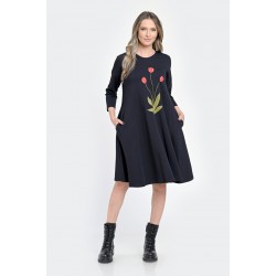 Rochie Medie Dama, Ampla, Bleumarin cu pictura realizata manual V304