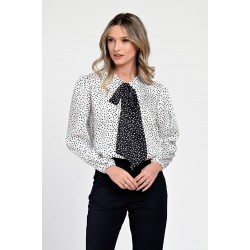 Bluza Dama din Satin, Alba cu puncte negre, Eleganta cu Funda V305