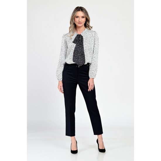 Bluza Dama din Satin, Alba cu puncte negre, Eleganta cu Funda V305