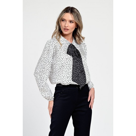 Bluza Dama din Satin, Alba cu puncte negre, Eleganta cu Funda V305