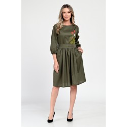 Rochie Medie Dama V310, Pictata manual, Kaki cu model floral