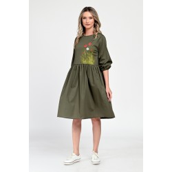 Rochie Medie Dama V310, Pictata manual, Kaki cu model floral