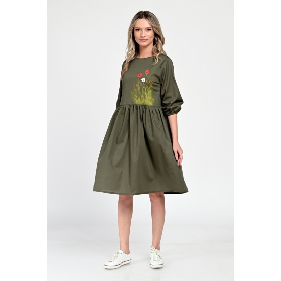 Rochie Medie Dama V310, Pictata manual, Kaki cu model floral