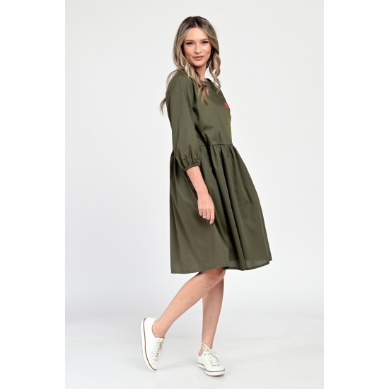 Rochie Medie Dama V310, Pictata manual, Kaki cu model floral