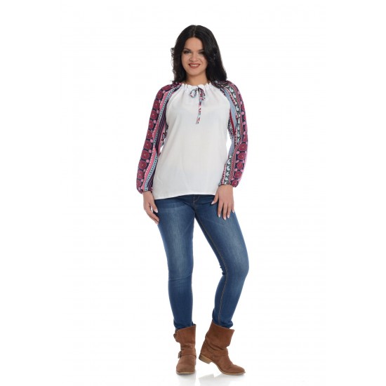 Bluza IE Dama Alba cu Maneci Imprimeu Bluza IE Dama Alba cu Maneci Imprimeu