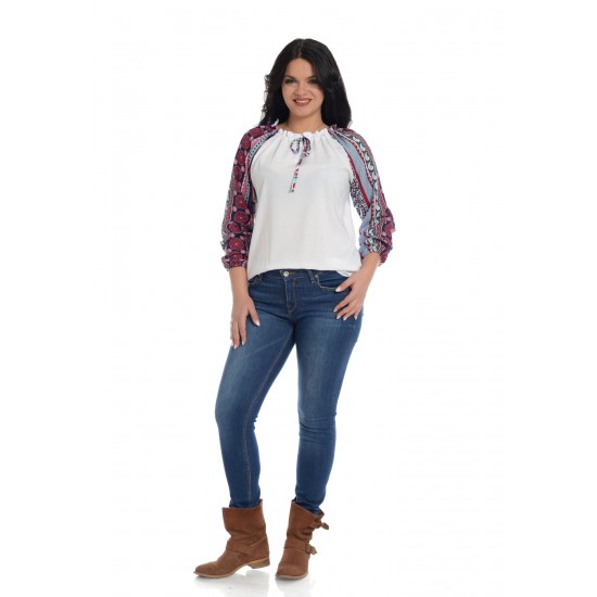 Bluza IE Dama Alba cu Maneci Imprimeu Bluza IE Dama Alba cu Maneci Imprimeu