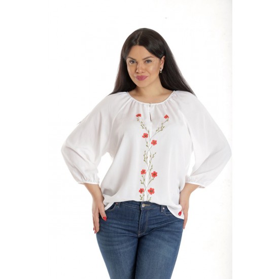 Bluza Dama, Ampla, Alba cu model Floral pictat manual