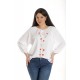 Bluza Dama, Ampla, Alba cu model Floral pictat manual