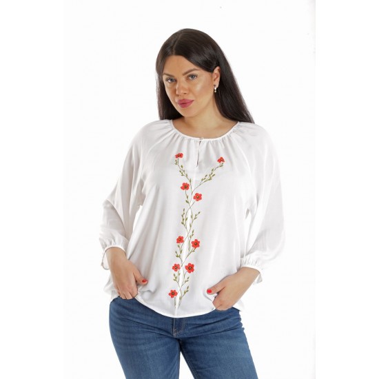 Bluza Dama, Ampla, Alba cu model Floral pictat manual