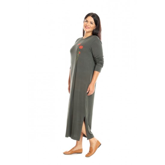 Rochie Lunga Dama, Verde Kaki cu pictura realizata manual