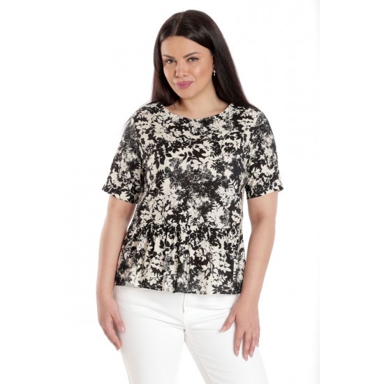 Bluza Dama, Peplum, din Viscoza, Crem cu Negru si model Floral