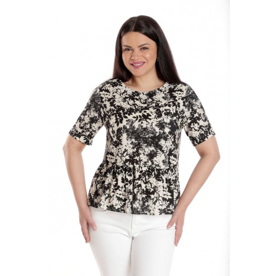 Bluza Dama, Peplum, din Viscoza, Crem cu Negru si model Floral