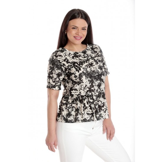 Bluza Dama, Peplum, din Viscoza, Crem cu Negru si model Floral