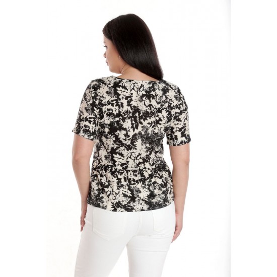 Bluza Dama, Peplum, din Viscoza, Crem cu Negru si model Floral