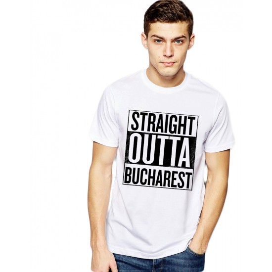 Tricou alb barbati - Straight Outta Bucuresti