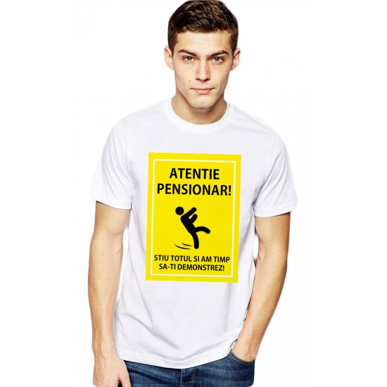  Tricou barbati alb - Atentie Pensionar