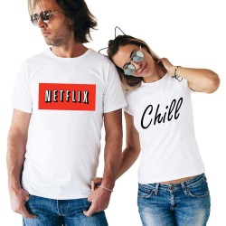 Set doua tricouri albe pentru cupluri - Netflix & Chill