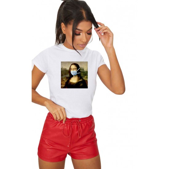 Tricou dama alb - Mona Lisa in Pandemie