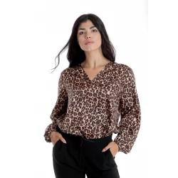 Bluza Dama cu Decolteu in V, Satin Leopard, Maro