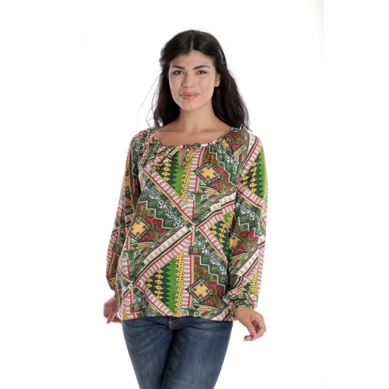 Bluza Dama, cu Maneca lunga tip IE, Verde cu Imprimeu Multicolor