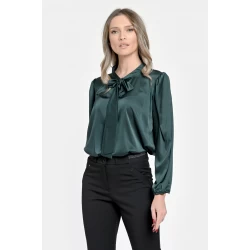 Bluza Dama din Satin, Verde inchis, Eleganta cu Funda V303
